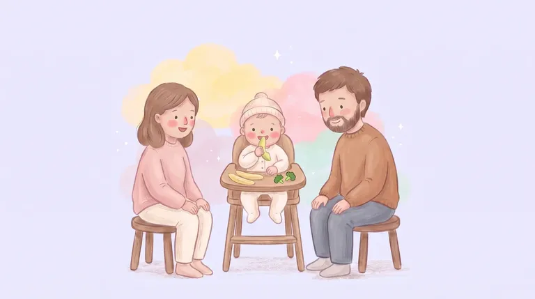 Un bebé sentado en su silla de comer se lleva a la boca un bastón de palta madura, mientras su mamá y su papá, sentados a cada lado, lo acompañan sonriendo
