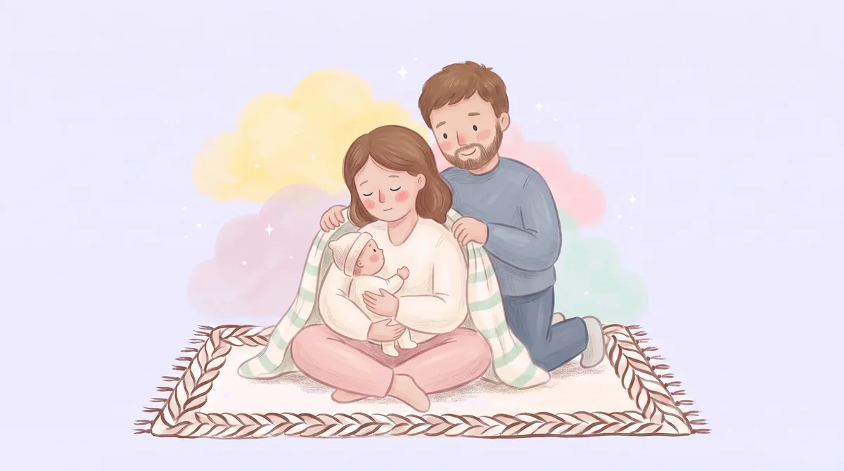 Una mamá sentada sobre una alfombra sostiene a su bebé recién nacido contra el pecho mientras el papá, arrodillado detrás, la cubre con una manta