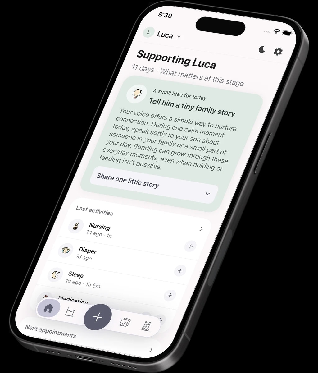 The Lullu app showing daily tips and milestones for your baby