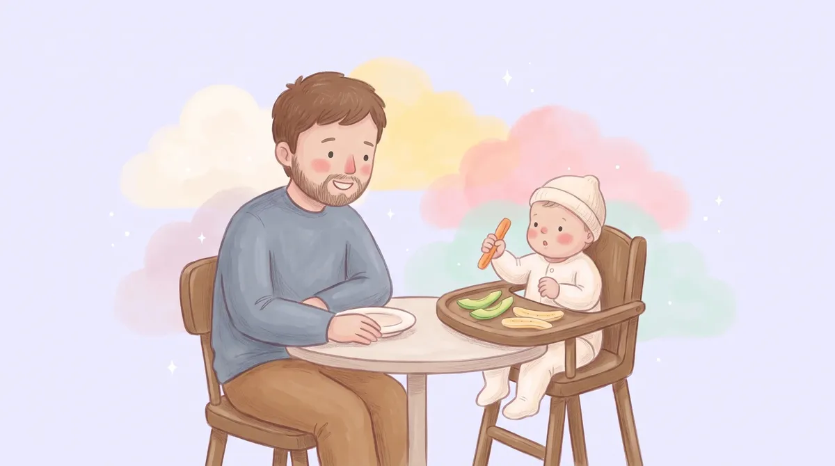Un papá sentado a la mesa sonríe a su bebé, que en su silla de comer sostiene un bastón blando de zanahoria cocida, con tiras de palta y mitades de banana en la bandeja