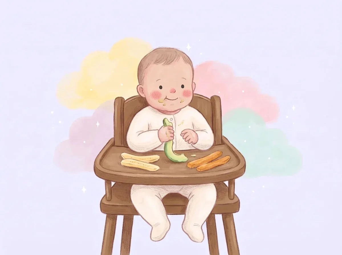 Un bebé sentado en su silla de comer explora con las manos una tira de palta madura, con bastones de banana y de batata cocida en la bandeja