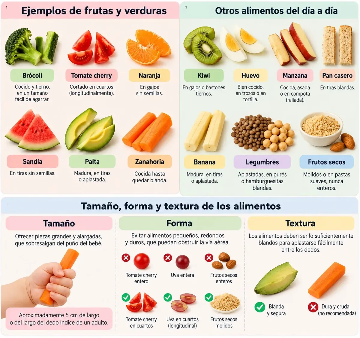 Infografía con ejemplos de frutas, verduras y otros alimentos del día a día y cómo ofrecerlos, y con el tamaño, la forma y la textura adecuados: piezas grandes y alargadas que sobresalgan del puño, tomates cherry, uvas y frutos secos nunca enteros sino en cuartos o molidos, y alimentos blandos que se aplasten entre los dedos