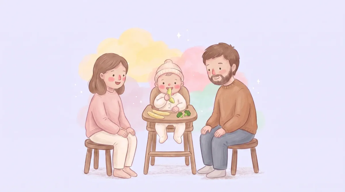 Un bebé sentado en su silla de comer se lleva a la boca un bastón de palta madura, mientras su mamá y su papá, sentados a cada lado, lo acompañan sonriendo