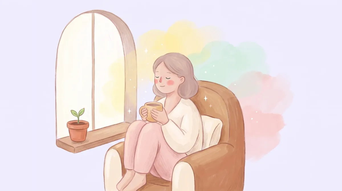 Una mujer sentada en un sillón junto a la ventana sostiene una taza caliente, con una planta que brota en el alféizar