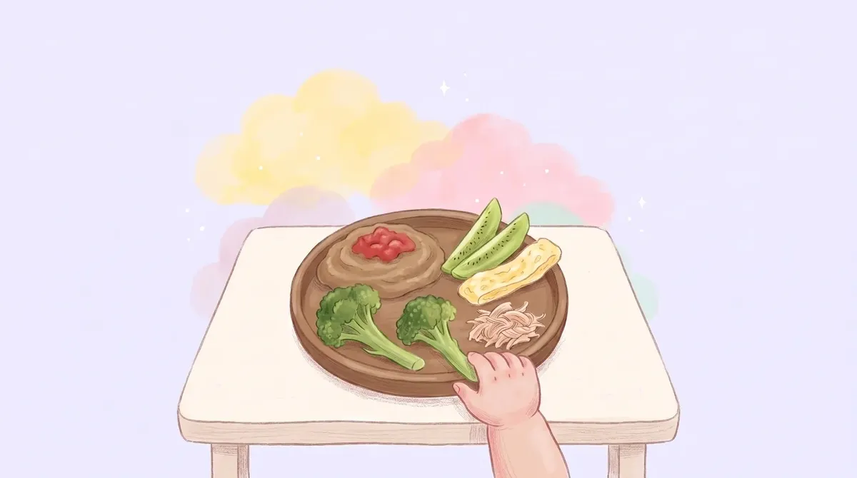 Un platito de madera con puré de lentejas y tomate, brócoli al vapor, tiras de kiwi pelado, una tira de omelette y pollo desmenuzado, hacia el que se estira la mano de un bebé