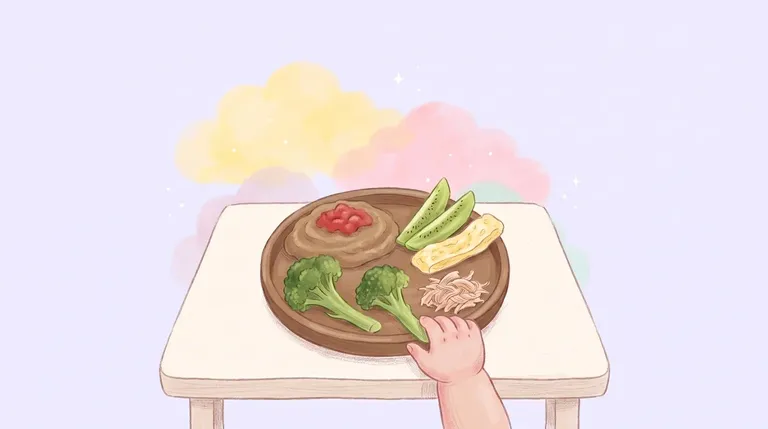 Un platito de madera con puré de lentejas y tomate, brócoli al vapor, tiras de kiwi pelado, una tira de omelette y pollo desmenuzado, hacia el que se estira la mano de un bebé