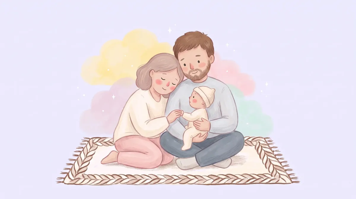 Una mamá y un papá sentados sobre una alfombra sostienen a su bebé y lo miran con ternura