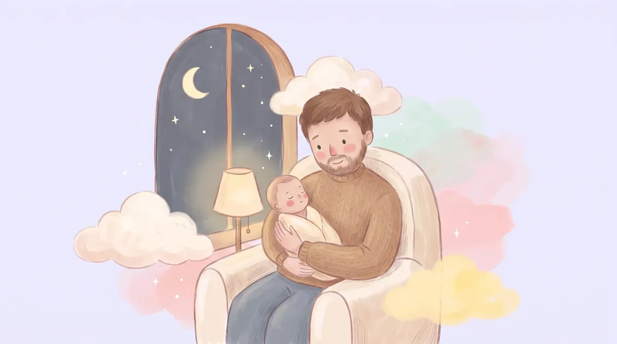 De noche, un papá sentado en un sillón junto a la ventana sostiene a su recién nacido dormido contra el pecho, con la luna creciente en el cielo