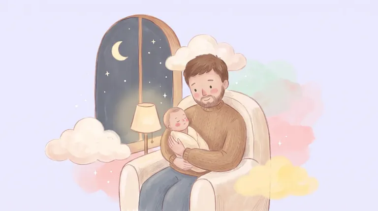 De noche, un papá sentado en un sillón junto a la ventana sostiene a su recién nacido dormido contra el pecho, con la luna creciente en el cielo