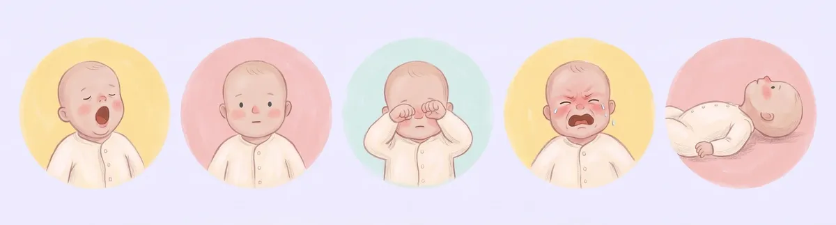 Cinco ilustraciones de un recién nacido mostrando señales de sueño: bosteza, tiene la mirada perdida, se frota los ojos, llora y arquea la espalda