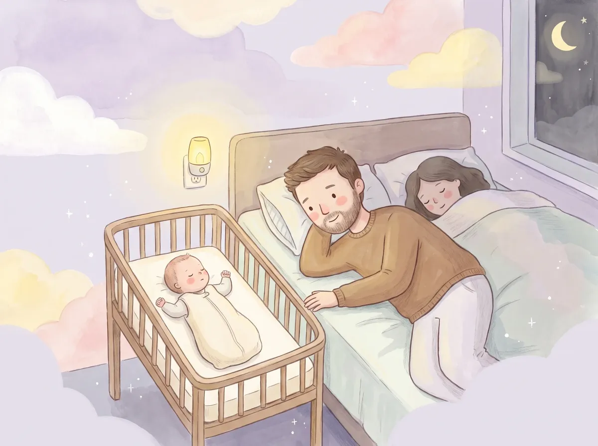 Un recién nacido duerme boca arriba en su propia cuna, sin almohadas ni juguetes, junto a la cama donde su papá lo mira mientras su mamá duerme