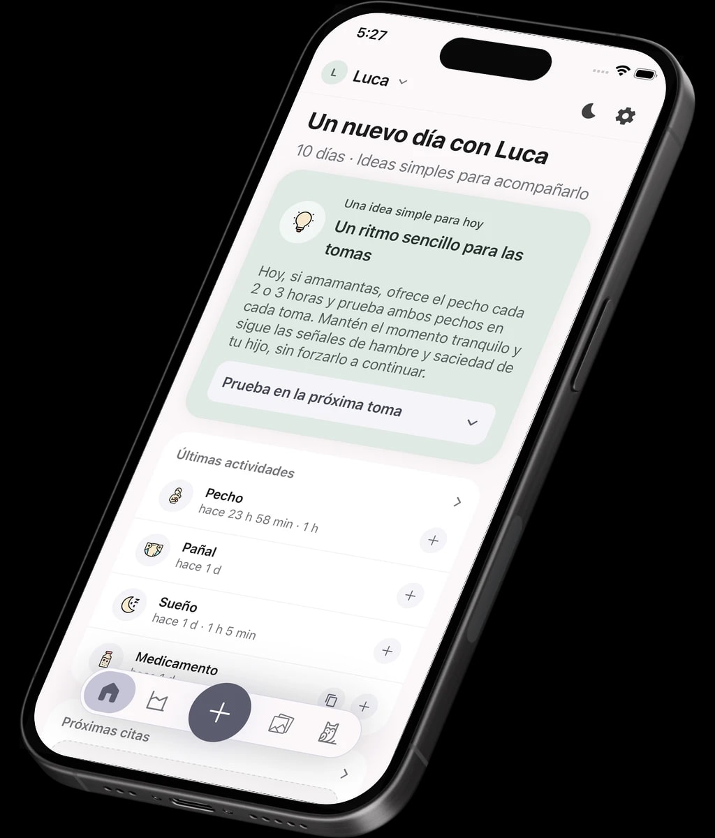 La app de Lullu mostrando consejos diarios e hitos de tu bebé